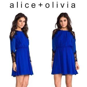 Alice + Olivia Dany Cobalt Blue Silk Dress with Black Lace Details